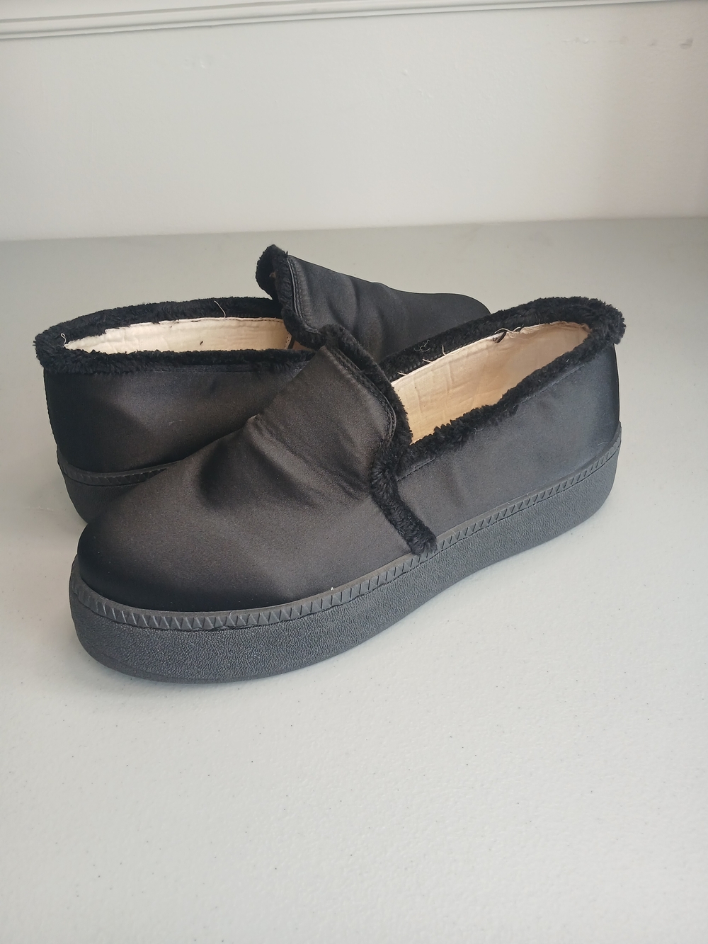 Black Satin Raw Edge Trim Slip-On Flatform Platform Loafer 10